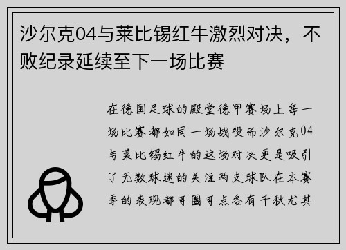 沙尔克04与莱比锡红牛激烈对决，不败纪录延续至下一场比赛